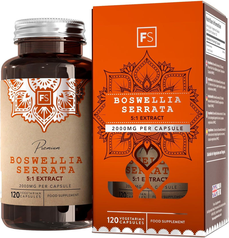 FS Boswellia Serrata Capsules | 120 Boswellia Serrata Extract High Strength Capsules - 2000mg per Serving | Frankincense Resin Supplement | Non-GMO, Gluten & Allergen Free | Made in The UK 120 count (Pack of 1)