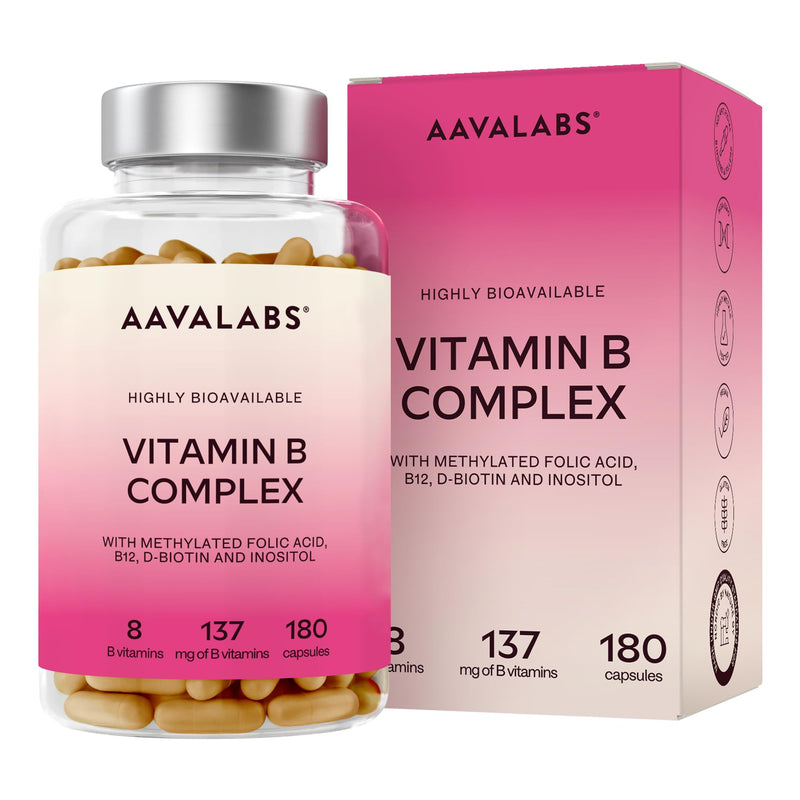 Vitamin B Complex High Strength - Includes Essential Multi B-Vitamins B12, Vitamin B6, Vitamin B1, Vitamin B5 Pantothenic Acid, Niacin, Biotin, Folate, Riboflavin, Inositol - (180 Capsule Supply)