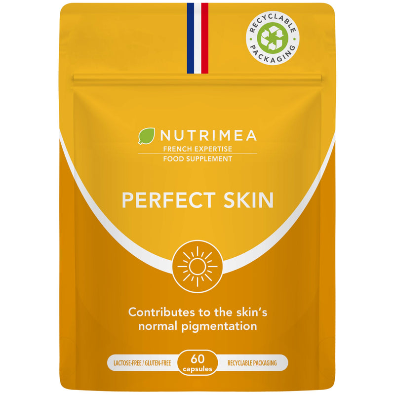 Perfect Skin Capsules - Beta Carotene, Lycopene, Copper and Vitamin E Formula - 60 Vegan Capsules - Gluten Free & GMO-Free - French Expertise - Nutrimea Perfect Skin Support