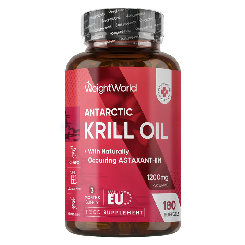 Antarctic Krill Oil Capsules - 1200mg - 3 Months Supply - 180 Softgels - Omega 3 Fatty Acids Supplements - Red Krill Oil Softgels Providing Astaxanthin, Marine Phospholipids, EPA, DHA & Choline