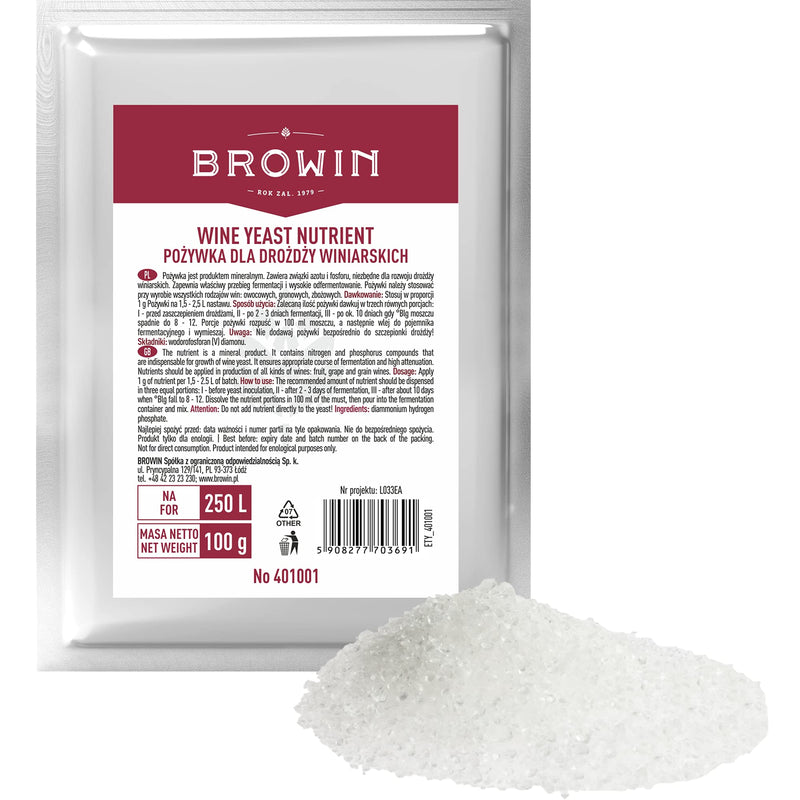 Browin 401001 Nutrient for Winemaking Yeast - 100 g, Universal Yeast Nutreint for White, Rose, and Red Wine, Diammonium Hydrogen Phosphate for Wine Homebrewing 100 g (Pack of 1)