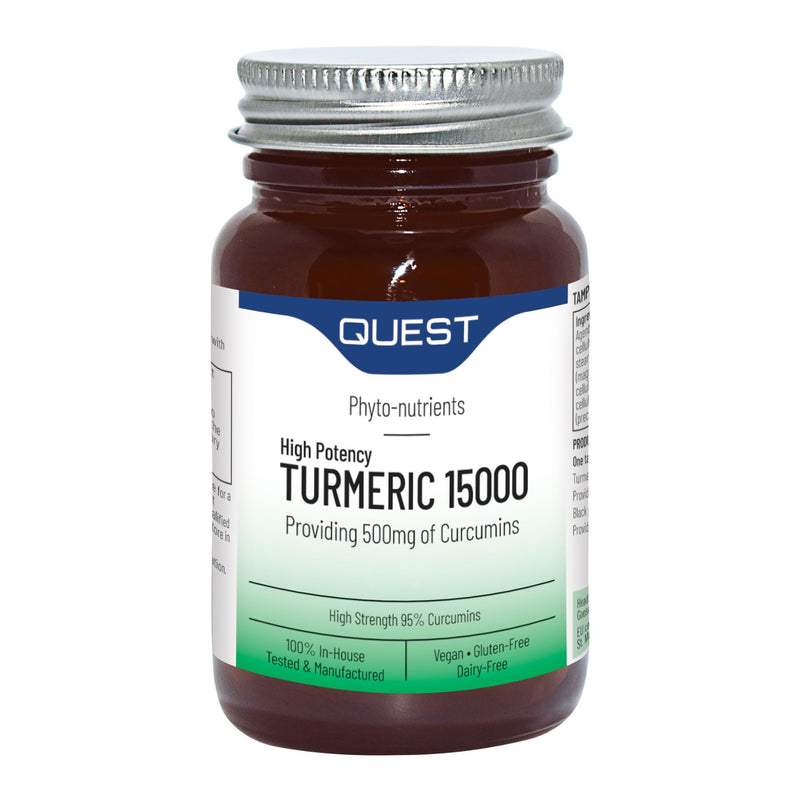 Quest - 30x Turmeric 15000 High Strength Turmeric and Black Pepper Tablets Quick Absorption Natural Joint Care Supplements Providing Total of 500mg of Curcumins. Vegan & Free from Gluten (1 Pack) Unflavoured 30 count (Pack of 1)