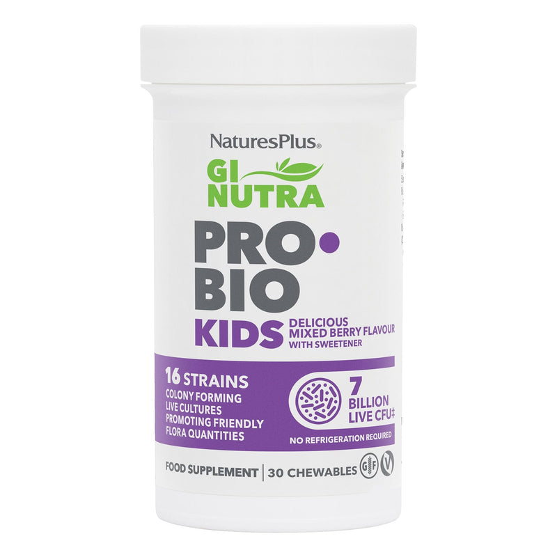 NaturesPlus GI NUTRA Pro Bio Kids Chewable Tablets - 7 Billion Probiotics with 16 Live Strains, L Acidophilus, B. Longum and Prebiotics Fibre Complex - Vegan, Gluten Free, Berry Flavour - 30 Tablets