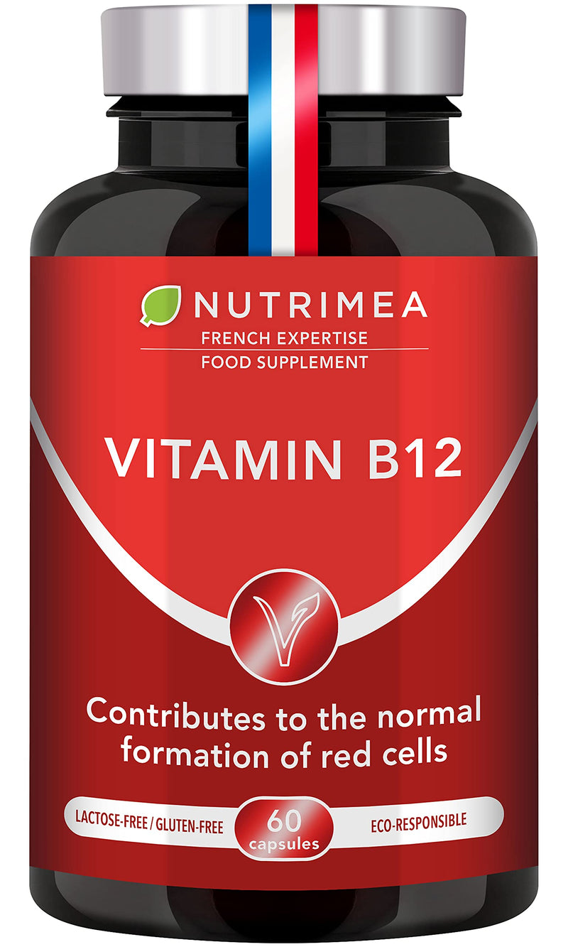 Vitamin B12 1000mcg High Strength - Cyanocobalamin Formula from Bacterial Fermentation - 60 Vegan Capsules - Gluten Free - Lactose Free - French Expertise - Nutrimea