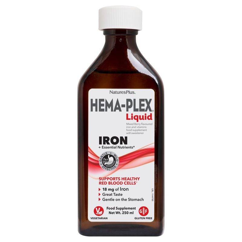NaturesPlus Hema Plex Iron Liquid, Mixed Berry - 18 mg Elemental Iron Supplement for Total Blood Health - with Vitamin Bs, C & Bioflavonoids - Vegetarian, Gluten Free - 250 ml