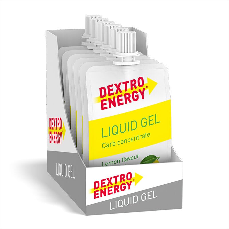 Dextro Energy Lemon Energy Gel | Non-Sticky Fast Acting Drinkable Liquid Energy | a Quick Burst of Glucose with Caffeine | 28g of Carbohydrates | for Running or Cycling | Vegan I Pack of 12 Lemon and Caffeine Energy Gel