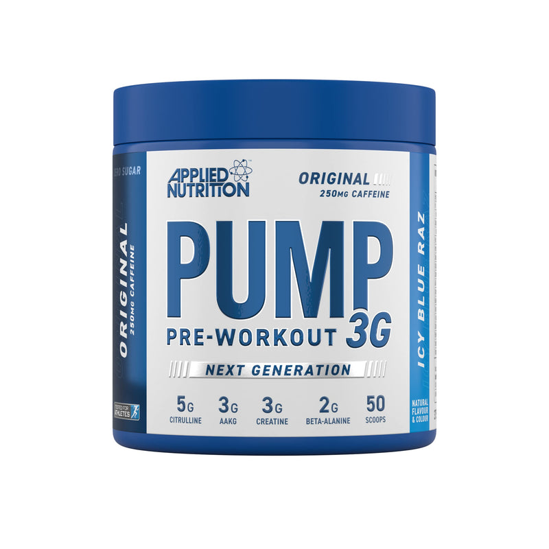 Applied Nutrition Pump 3G Pre Workout Energy Drink Focus & Performance, Creatine Monohydrate, AAKG, Citrulline, Beta Alanine, Caffeine Vitamin B Gold Complex, ICY Blue Raz, 375 g 375 g (Pack of 1)
