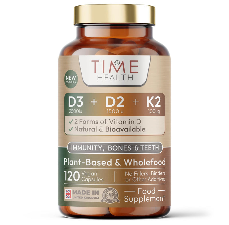 Vitamin D3, D2, K2, Natural Wholefood Plant Based - Zero Additives - Pullulan (120 Capsule Pouch) 120 count (Pack of 1)