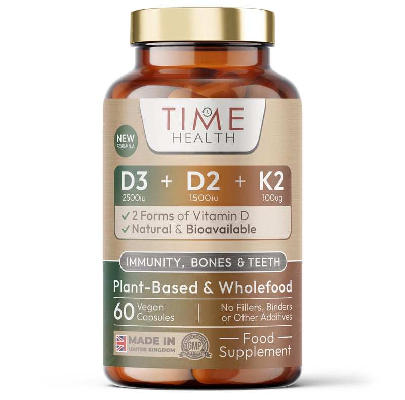 Vitamin D3, D2, K2, Natural Wholefood Plant Based - Zero Additives - Pullulan (60 Capsules) 60 count (Pack of 1)