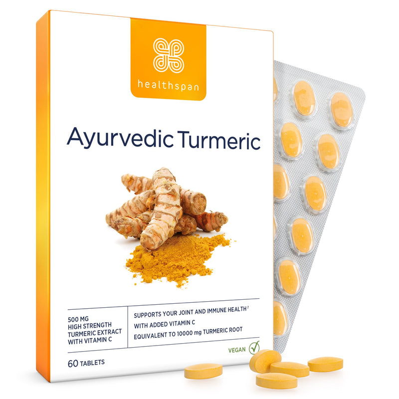 Healthspan Ayurvedic Turmeric | 60 Tablets | 95% high curcuminoid Content | Added Vitamin C | Supports Joint and Immune Health | Vegan Friendly