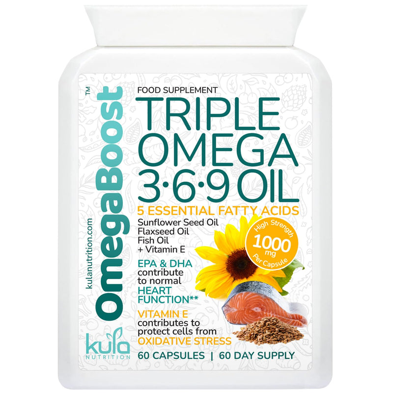 OmegaBoost - Triple Omega 369 Oil Capsules - Maximum Strength 1000mg - Premium High Strength Fish Oil, Cold Pressed Flax Seed and Sunflower Seed Oil Essential Fatty Acids Plus Vitamin E - 60 Softgels