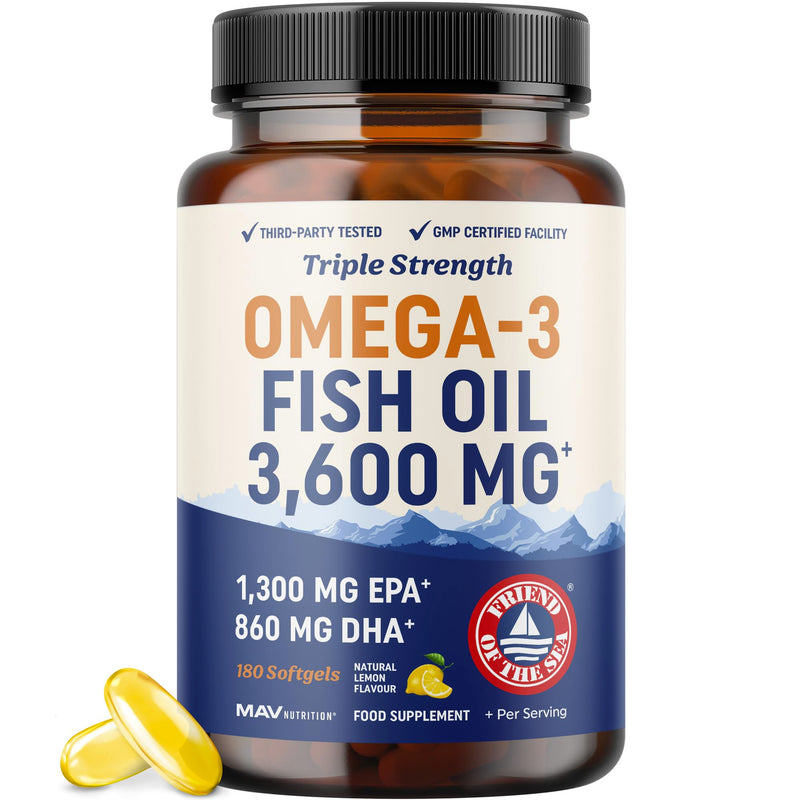 Triple Strength Omega 3 Fish Oil 3600 mg | EPA & DHA | Over 2100mg Omega-3 Fatty Acids | 1300mg EPA + 860mg DHA | Best Essential Fatty Acids | Premium Wild Caught & Burpless Fish Oil | 180 Ct 180 count (Pack of 1)