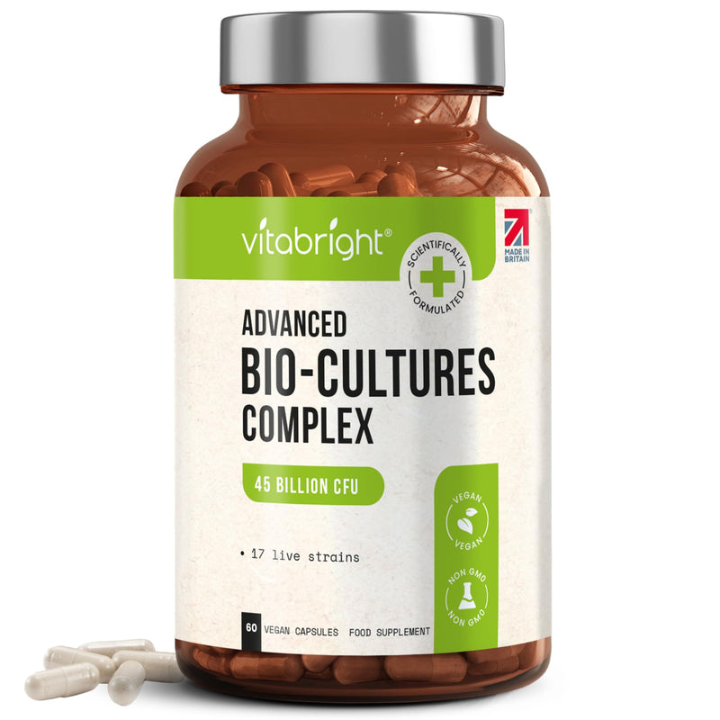 VitaBright Pro Bio Cultures Complex | 45 Billion CFU Probiotics for Women & Men | 17 Strains with Chicory Inulin Prebiotics | 60 Capsules for Gut Flora Support Pro Bio Cultures Capsules
