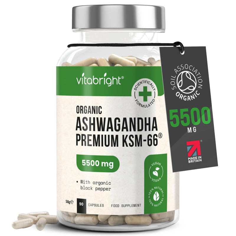 Ashwagandha KSM 66 Root Extract Capsules | 3 Month Supply | 5500mg | Organic Ashwagandha High Strength Powder | Clean Formula Pure Herbal Supplements for Women & Men | VitaBright UK 90 count (Pack of 1)