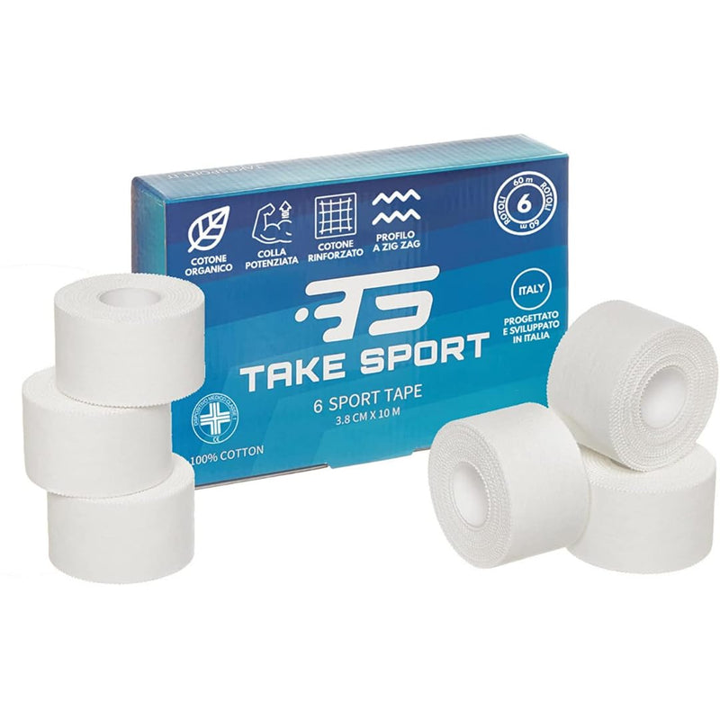 TAKE Sport®, Tape Sportivo, Nastro fasciature, Nastro Sportivo, Sport Tape. 6 rotoli 3,8 x 10m, 100% Cotone, Bordo Zig Zag, Non Elastico. Bianco (6)