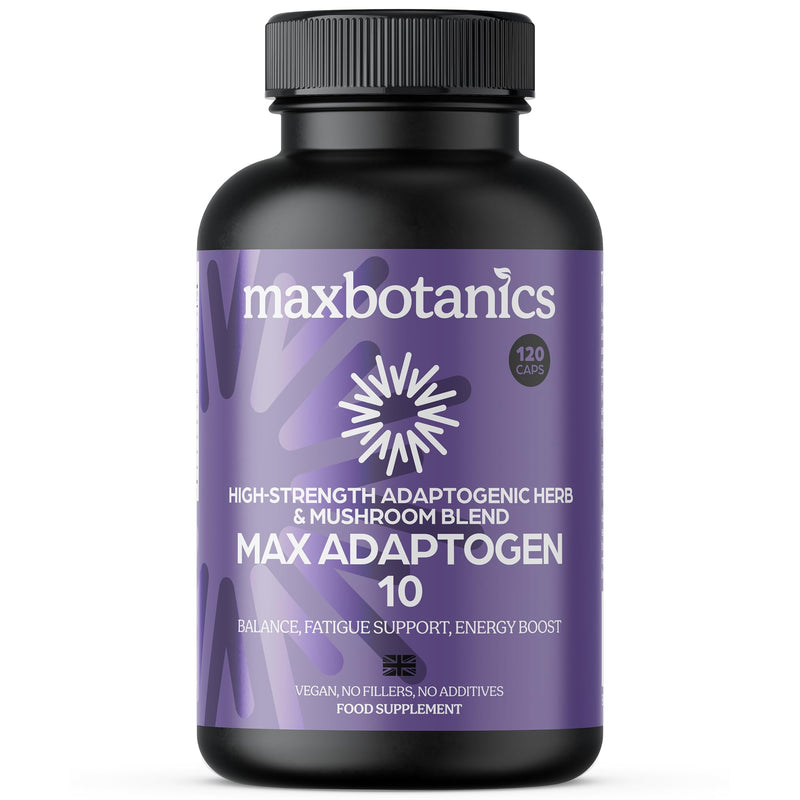 Max Adaptogen 10 Balance, Fatigue, Energy Boost & Stress Support 10-Herb Adaptogen High Strength Mushroom Blend with Ashwagandha, Rhodiola & Ginseng Natural Vegan UK Made (120 Capsules) 120 count (Pack of 1)