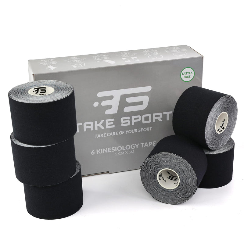 TAKE SPORT Kinesiology Tape, Kinesiology Tape, Sports Tape, Kinesiology Tape, Tape Sport, Fashion Tape, 6 Rolls, 5 x 5 m, 95% Cotton, 5% Elastane (Black/Black) Black/Black