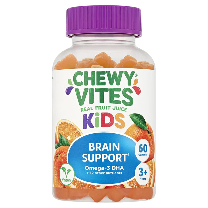 Chewy Vites Kids Brain Support, 60 Kids Vitamins Gummies, Vegan Omega 3 DHA, 13 Essential Vitamins & Minerals, 1 Months Supply, Real Fruit Juice, Age 3 +, Orange Flavour 60 count (Pack of 1)