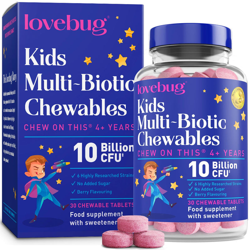 Lovebug Kids Probiotic Chewables - 10 Billion CFU with Prebiotics - Friendly Bio Cultures for Children & Toddlers (Age 4+) - 30 Chewable Berry Flavour Tablets - Gentle Support for Childrens Gut Health 30 count (Pack of 1)