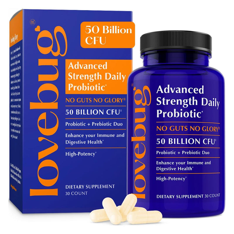 Lovebug Probiotics for Gut Health - 30 Billion CFU Formula with Prebiotic - 10 Strain Lactobacillus & Bifidobacterium Bio Culture Complex - Advanced Strength to Support Daily Gut Flora- 1 Month Supply