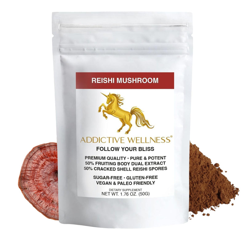 Addictive Wellness Reishi Mushroom Extract Powder + Spores (50/50 Blend) Wood Grown Pure & Potent Wildcrafted Ganoderma 50 g (Pack of 1)
