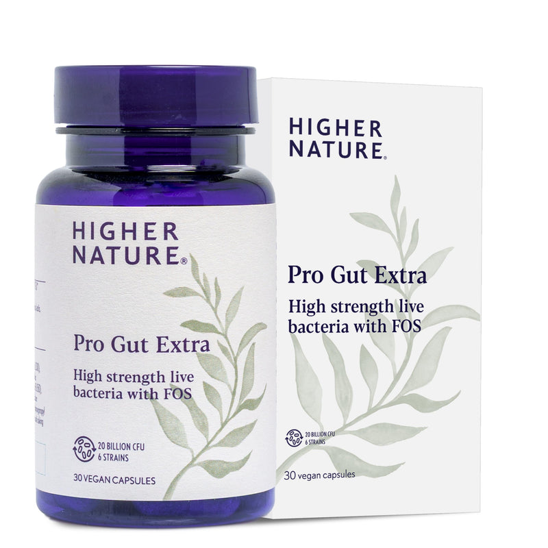 Higher Nature - Pro Gut Extra - High Strength Probiotic With Prebiotic - Multi-Strain Probiotic For Digestive System - Live Bacteria With FOS - 20 Billion CFUs - 6 Proven Strains - Vegan - 30 Capsules