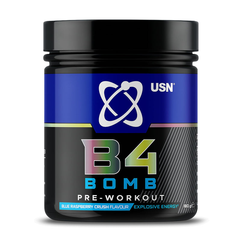 USN B4 Bomb Energy Drink Powder, Blue Raspberry - 180g, with Vitamin B12 & B6, Creatine, Caffeine & Zynamite for Stamina & Explosive Energy, Glucose Free, No Added Sugar, Quality Dietary Supplement 180g (Pack of 1)