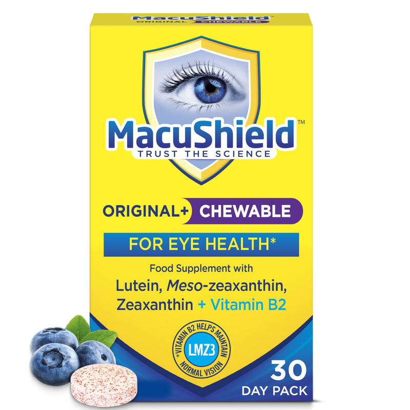 MacuShield Original Plus Chewable – 30 Day Pack, Eye Health Supplement* with Lutein, Zeaxanthin and Meso-zeaxanthin + Vitamin B2 (Riboflavin) which Helps Maintain Normal Vision, Bilberry Flavour Unflavoured 30 count (Pack of 1)