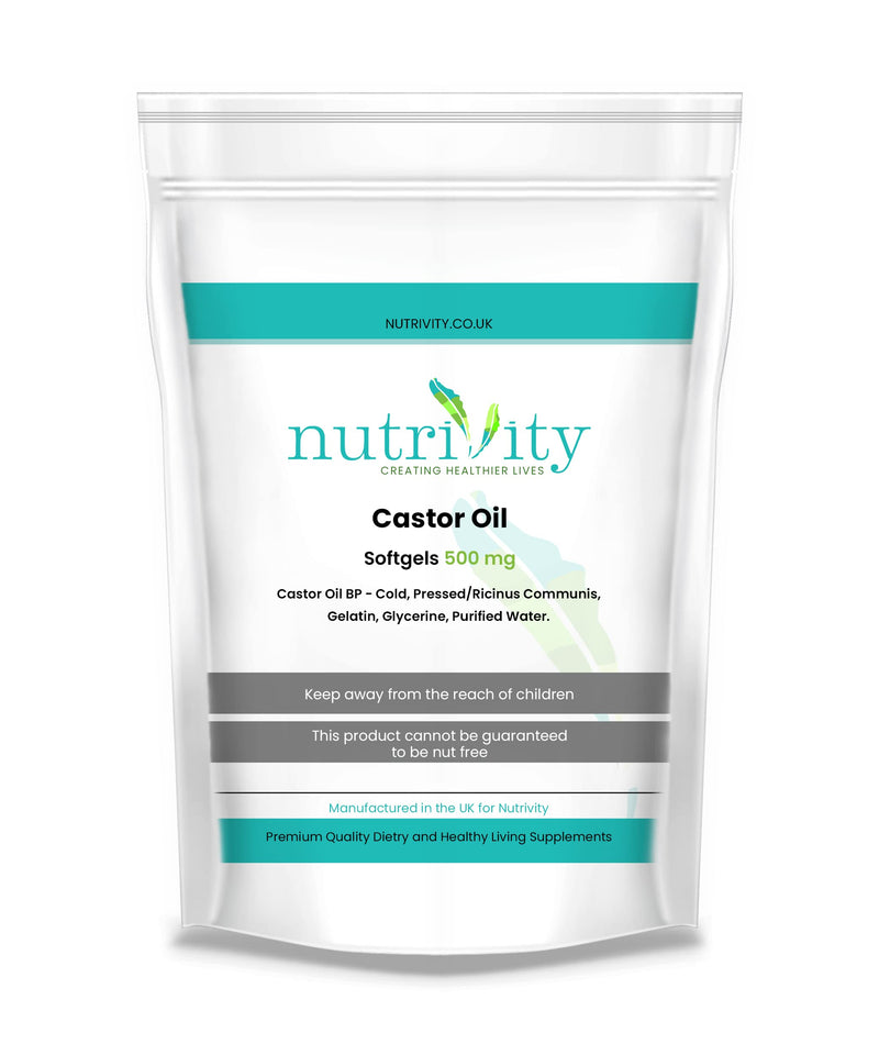 Castor Oil 500mg Soft Gels | Intestinal Help | Constipation Relief | Healthy Hair & Skin | Halal | 4 Months Supply | Made in The UK to GMP Standards by Nutrivity (120) 120 count (Pack of 1)