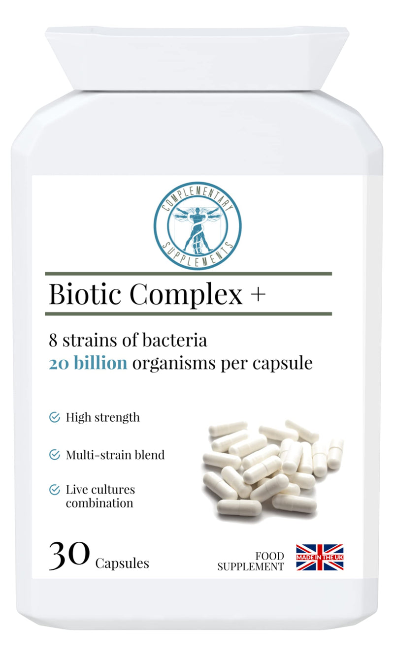 BIOTIC Complex+ 20 Billion CFU Probiotic – 8 Strain Practitioner Strength Gut Support – Acid & Bile Resistant – Vegan Capsules – 30 Count