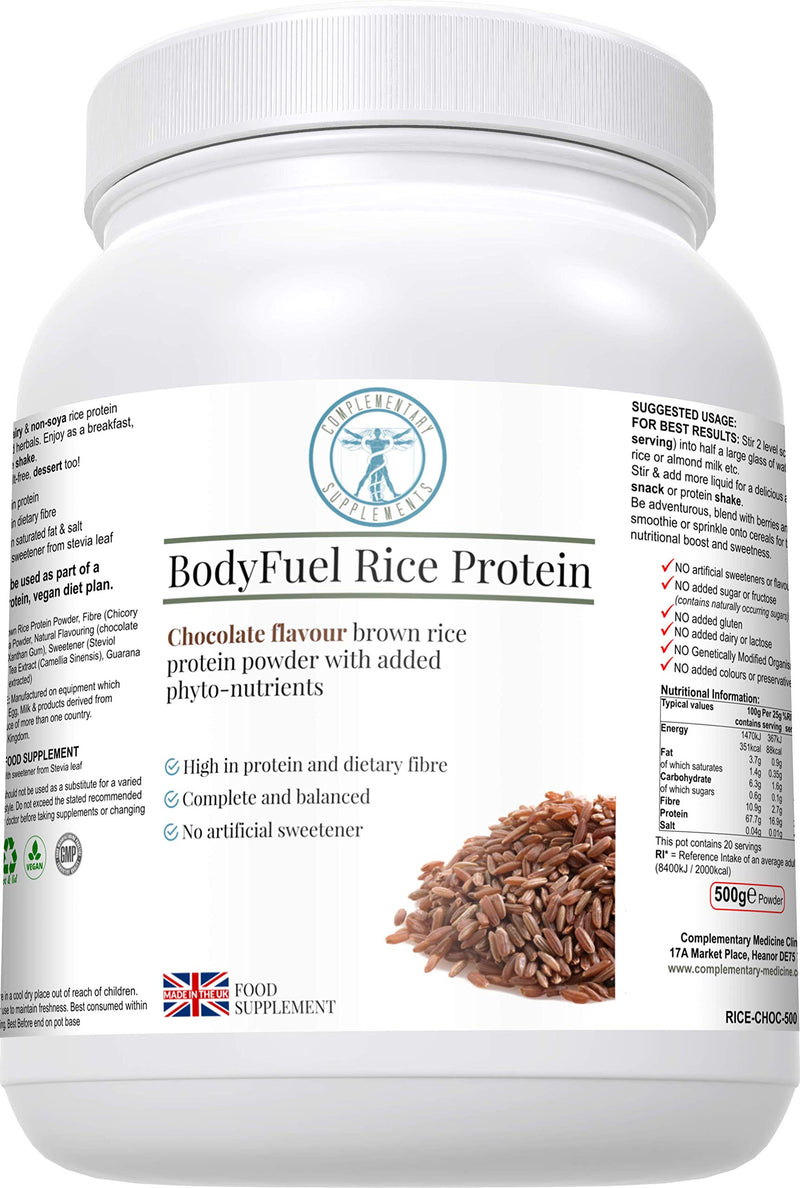 BodyFuel Brown Rice Protein Powder Plus Chicory, Green Tea & Guarana Seed Extract | Hypoallergenic | NO GMOs | Vegan | 500g