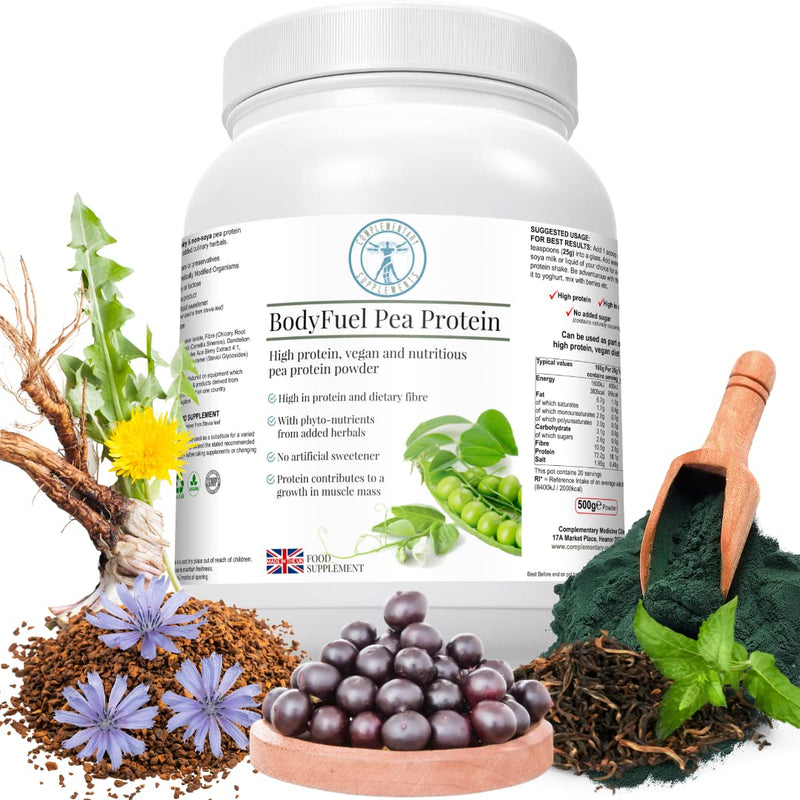 BodyFuel Hypoallergenic Pea Protein Isolate Powder – Non-Bloating Plant Protein with Phytonutrients, Green Tea, Chicory, Dandelion & Acai – Vegan, 500g