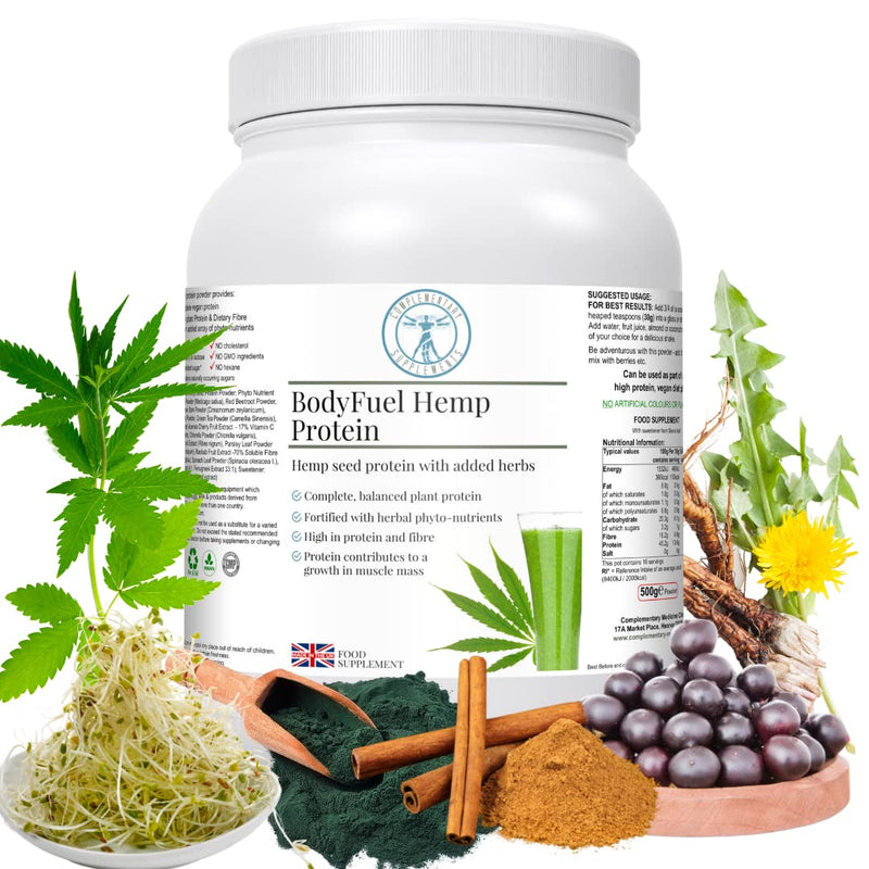 BodyFuel Hemp Protein Powder Plus 14 Superfoods & Phytonutrients – Spirulina, Chlorella, Acai Berry, Alfalfa - Non-GMO Vegan Plant Protein Powder 500g