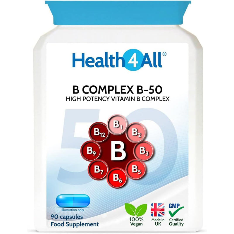 Health4All Vitamin B Complex B-50 90 Capsules, 3 Months Supply, High Potency Vegan B-Complex with PABA | Support Cognitive Functions, Energy, Tiredness & Fatigue | Made in UK (not Tablets) 90 count (Pack of 1)