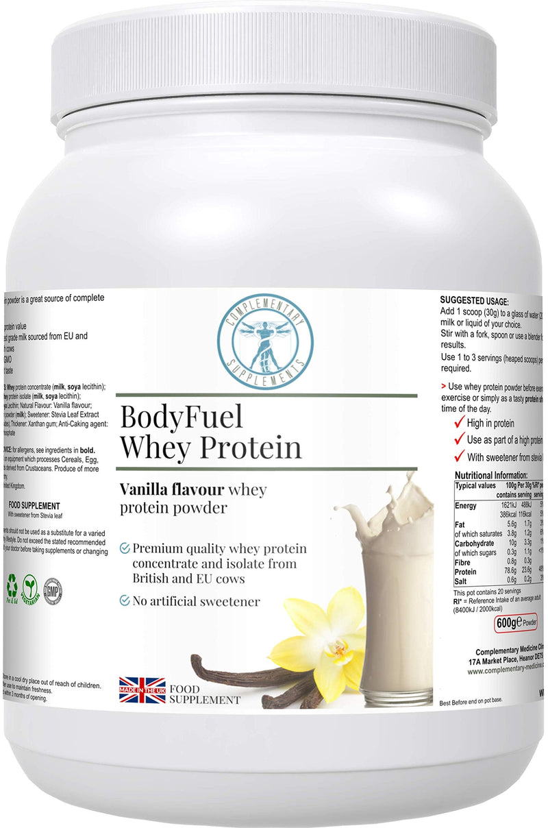 BodyFuel Whey Protein Isolate & Concentrate Vanilla Flavour – NO Artificial Sweeteners - NO GMOs - Vegetarian, 600g powder