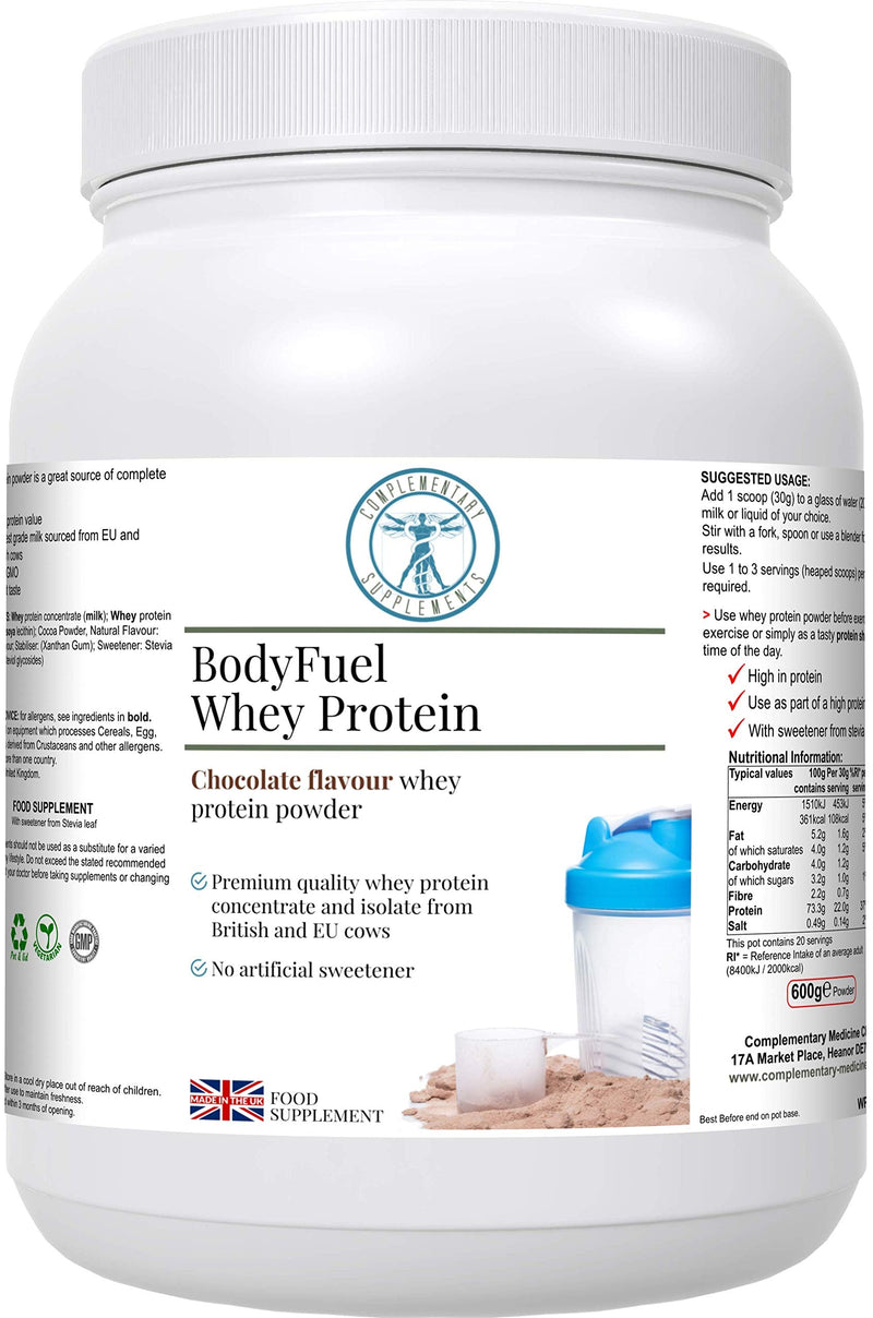 BodyFuel Whey Protein Isolate & Concentrate Chocolate Flavour – NO Artificial Sweeteners - NO GMOs -Vegetarian, 600g powder