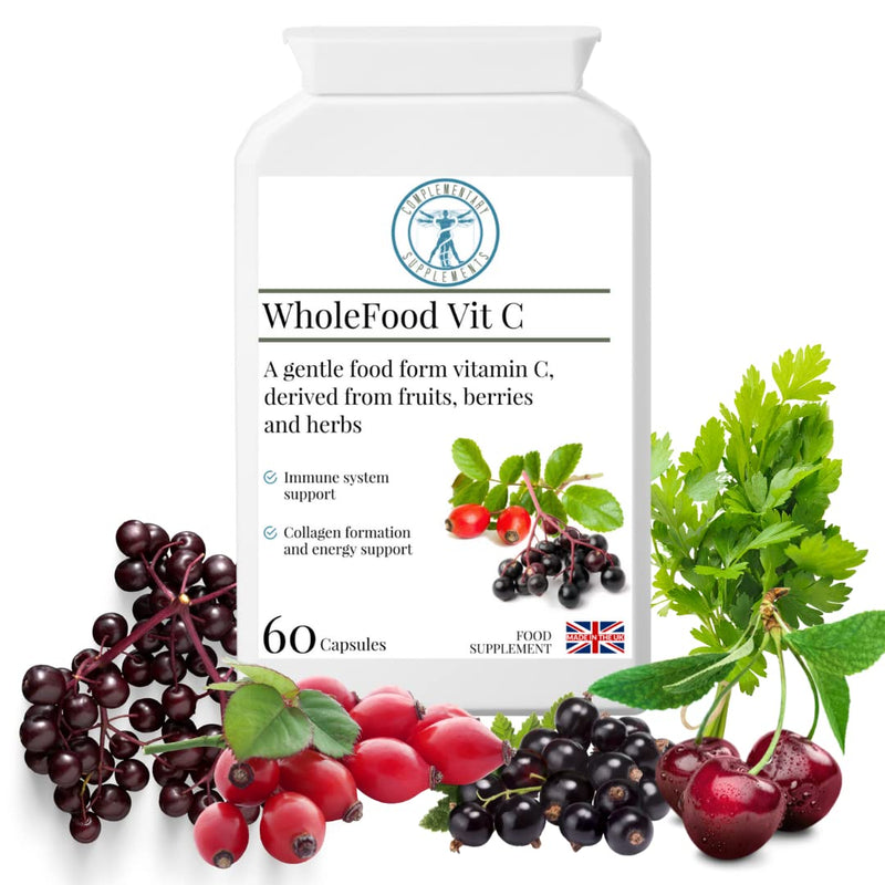 WholeFood VIT C - 100% Natural - NO Ascorbic Acid - HIGH Bioavailability - Acerola Cherry, Rosehip, Blackcurrant, Parsley Leaf, Elderberry - 60 Capsules