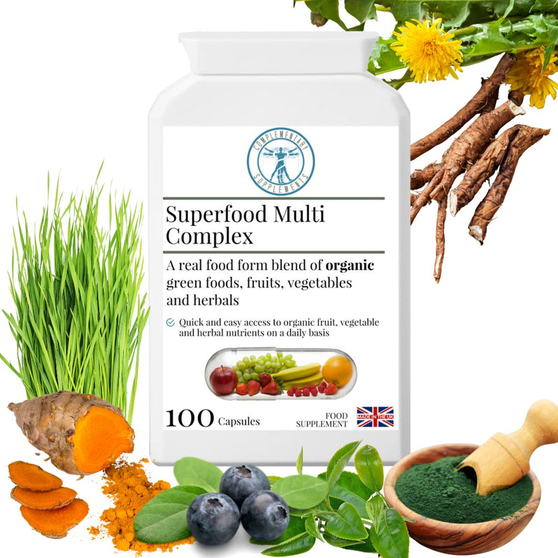 Organic Superfood Multi Complex - Wholefood Nutrition – Chlorella, Spirulina, Turmeric, Kelp, Organic Herbs, Vegetables, Fruits + Digestive Enzymes - 100 Capsules