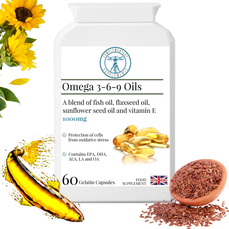 Omega 3-6-9 - MAX Strength 1000mg - Healthy Heart & Cholesterol Formula - Sunflower Seed, Flaxseed and Fish Oil with VIT E - 60 Capsules