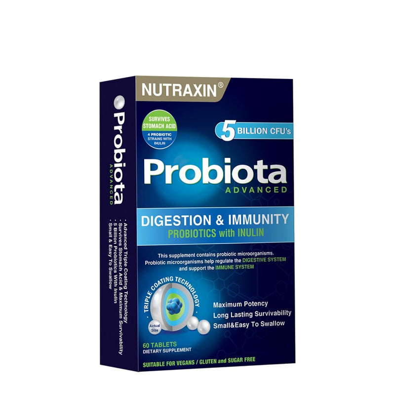 Nutraxin Probiota Advanced - 2x1.25 Billion CFU Probiotics - 60 Tablets with 4 Strains (Lactobacillus and Bifidobacterium) & Inulin - Allergens-Free Supplement for Adults 60 count (Pack of 1)