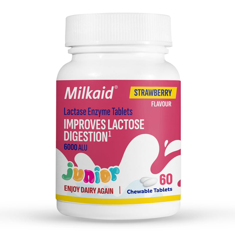 Milkaid Junior Lactase Enzyme Chewable Tablets for Lactose Intolerance Relief, Prevents Gas, Bloating & Diarrhoea, Fast Acting Dairy Digestive Supplement, Gluten Free & Vegan, 60 Count 1 count (Pack of 1)