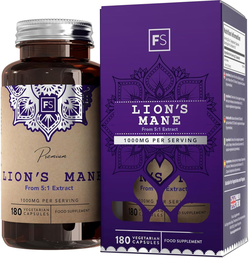 FS Lions Mane | High Strength Lion's Mane Supplement - 180 Lionsmane Capsules 1000mg per Serving | Lionsmane Mushroom Complex | Non-GMO, Gluten & Allergen Free | Made in The UK 180 count (Pack of 1)