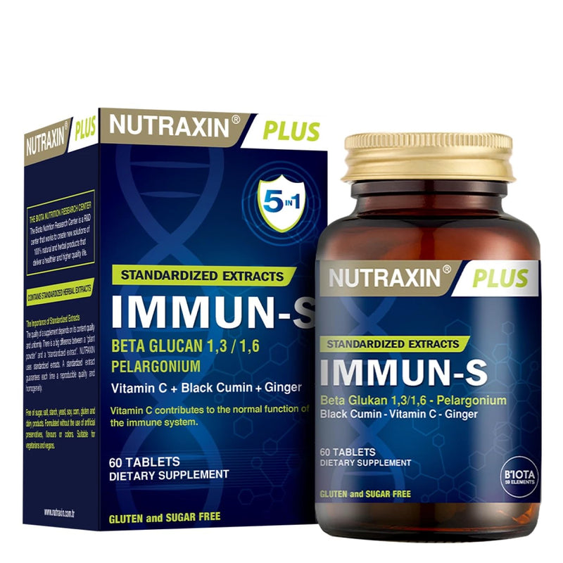 Nutraxin IMMUN-S - Immune System Booster with 200mg Beta Glucan 1,3/1,6, Vitamin C, Black Cumin, Ginger & Geranium Extracts - Allergen-Free, 2 Tablets per Day for Adults - 60 Tablets