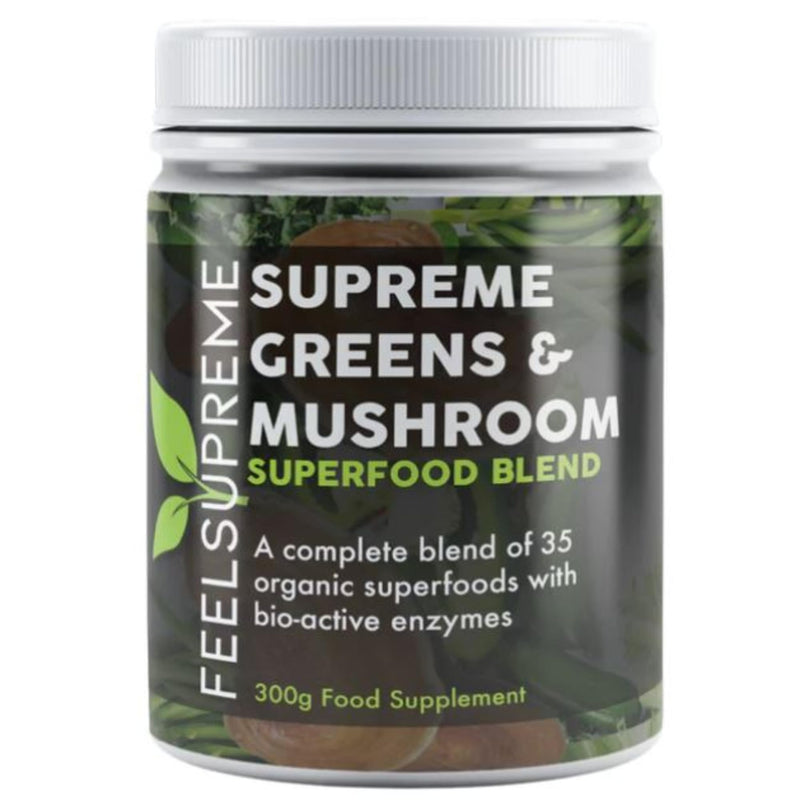 Super Greens Powder with Mushroom - 35 Nutrient Dense Organic Superfoods, no Added Sugar - High in Fibre, Protein, Vitamin C, Spirulina - Greens Supplement, Mushroom Powder - 300g