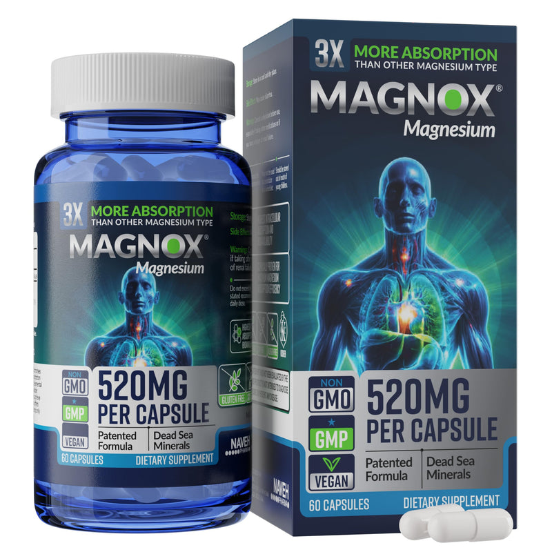 MAGNOX® 520 | Magnesium Supplement 520mg of High Absorption Magnesium for Men & Women with Dead Sea Minerals | 3X More Absorption | Patented Formula | Fast Sleep & Muscle Pain Relief (60 Vegan Caps) MAGNOX 520 1 count (Pack of 60)