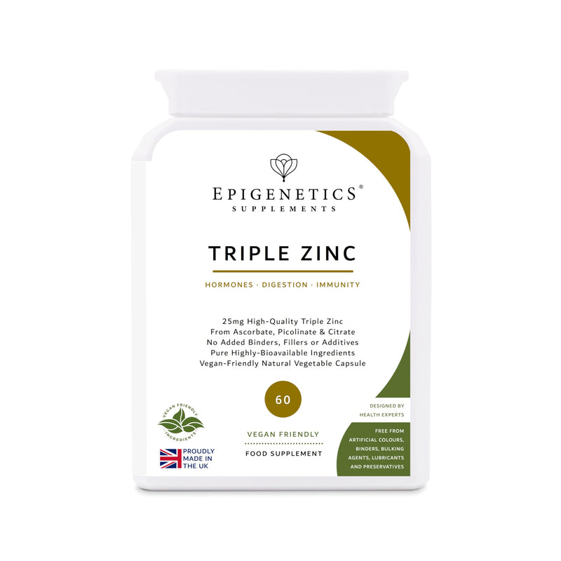 Triple Zinc 25mg | Zinc Ascorbate, Picolinate & Citrate | 60 Vegan Friendly Capsules UK Made | Long 2 Month Supply by Epigenetics Supplements