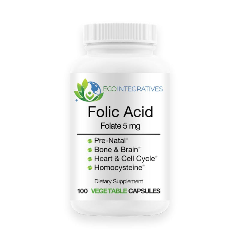 EcoIntegratives Folic Acid Folate 5mg (B9) Prenatal, Reproductive Health, Homocysteine, Metabolism, Cardiovascular, Bone, Immune Support, Allergen Free, Non GMO - 100 Vegan Capsules 1