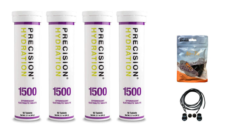 Precision Hydration Electrolyte Tablets - 4 Tubes of 10 x Tabs (1500 Strength). Bundled with a pack of VPoint Leisure Elastic No-tie Reflective Shoe Laces