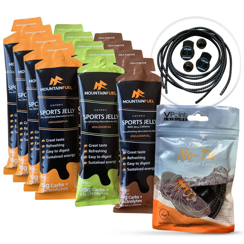 Isotonic Sports Jelly - The Refreshing Alternative to Energy Gels (Pack of 12 Mixed Flavours). Bundled with a Pair of VPoint Leisure No-Tie Elastic Shoe Laces