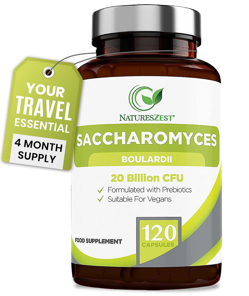 Saccharomyces Boulardii 20 Billion CFU - 120 Capsules | High Strength Prebiotics and Probiotics for Women & Men | Digestion Supplement with Natural Postbiotic Benefits | Vegan | 4 Months Supply